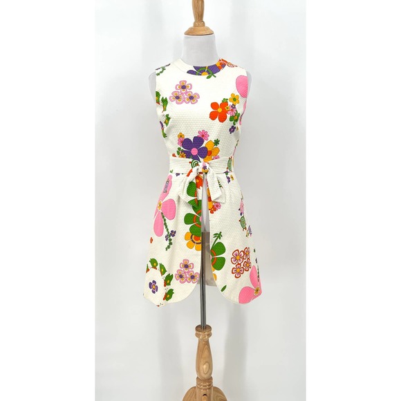 NEIMAN MARCUS Vintage 60s Dress Womens XS Small Off White Floral Print Mod Shift - Picture 2 of 16